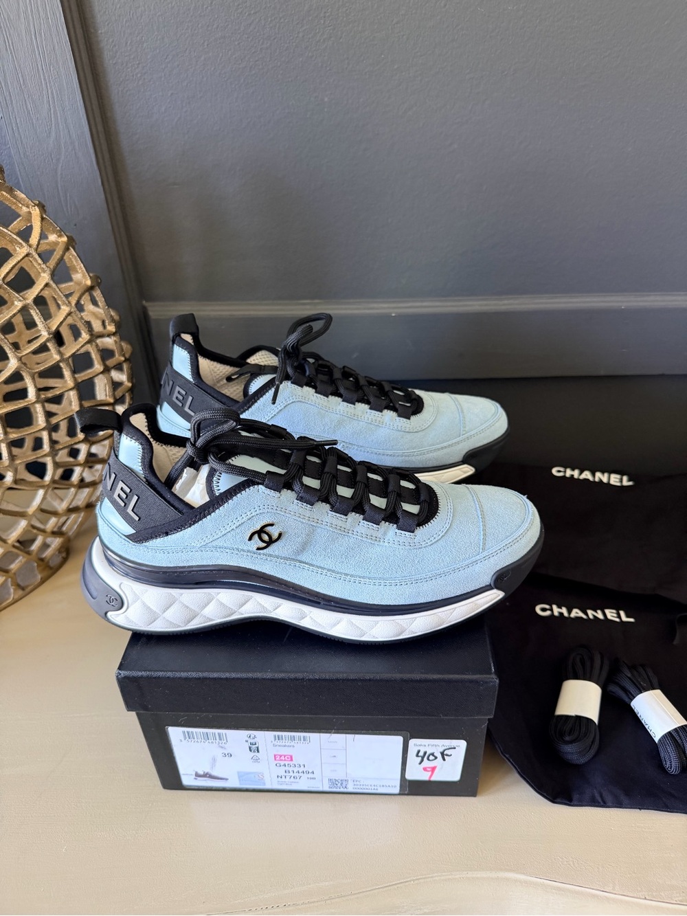 Chanel Light Blue Suede Calfskin Sneakers 
New in Box w/laces & dust bags | EU39